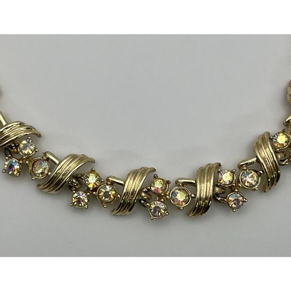 Vintage Aurora Borealis Rhinestone Choker Necklace Gold Tone Art Deco 15" - Picture 2 of 8